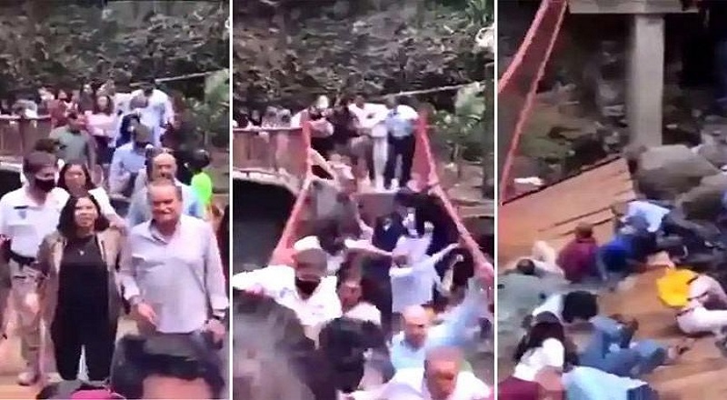 மேம்பாலம் திறப்பு விழாவின்போது உடைந்து விழுந்த பாலம் 